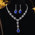 Luxurious bridal jewelry set with blue teardrop zircon flowers and silver necklace - DTN14027339BU-Silver Blue Teardrop Main Stone