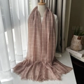 Pink windowpane wool scarf with delicate fringe edges and soft minimalist style - Bean Paste Grid