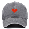 Vintage grey washed cotton baseball cap with red pixel heart embroidery and six-panel crown - Gray