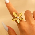 Gold flower ring with textured petals and a central white pearl for women - Gold (A-542)