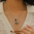 Detail of beaded grape necklace with red bead and spotted stone teardrop on silver chain - Silver Spotted Stone Teardrop Pendant Style (WG1-0305)