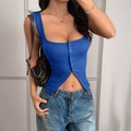 Y2K style blue ribbed knit sleeveless top with U-neck and button front detail - S / Sapphire Blue