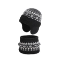 Ensemble bonnet et tour de cou en tricot pour enfants gris avec motif géométrique et polaire - Noir