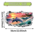 3D wall sticker featuring a jumping dolphin over a tropical sunset with product dimensions - Dolphin Leaping At Sunset (UV50557T_R)