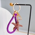 Starfish keychain with pink rhinestones, purple leather loop and gold heart charm - Starfish + Heart Strap / Purple