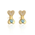 Macro detail of 18K gold-plated devil's eye stud earrings with heart-shaped zircon inlay - Heart Blue Evil Eye