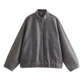 Detailed flat lay of a dark gray stand collar jacket with textured wool fabric - Dark Gray