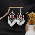 Ethnic silver-style earrings featuring red teardrop stone and metallic tassels - Tear-drop Red Ornament Hollow Tassel Style (E2134-3)