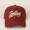 Close-up of white 3D embroidery 'Believe 1970' on terracotta cotton baseball cap - M(56-58cm) / Red