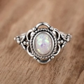 Vintage bohemian flower ring with oval fire opal and distressed silver finish - US 7 / Antique Silver