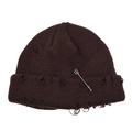 Detail showing the distressed texture and metal ring accessories on the brown beanie. - Adjustable / Coffee