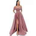 Elegant off-shoulder dusty pink satin evening gown with high slit and floor-length skirt - US 2 / Dusty Pink