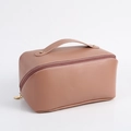 Pink waterproof PU leather accordion makeup bag with large capacity and sturdy handle - Dusty Rose