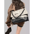 Sac bandoulière chic pour femme beige et noir avec large bandoulière tissée - Cuir PU Color Block Avec Bandoulière Noire