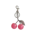 Cute pink glitter cherry keychain with silver metal leaves and sturdy swivel hook charm - Rose Red with Matte Silver