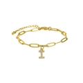18K gold plated brass paperclip link bracelet with micro-paved letter I charm - Letter I