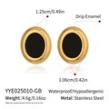 Detail view of geometric oval stud earrings with black enamel and dimensions labels - Gold Border Black Enamel (YYE025010-GB)