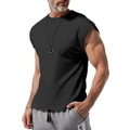 Detail shot of the shoulder cut and slim fit design of a men's black sleeveless cotton tee - S / Black