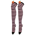 Pink and black striped Halloween over-knee socks with orange pumpkin details - Pink and Black Stripes (Pumpkin Decor)