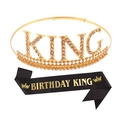 Couronne KING dorée avec strass ambrés et écharpe BIRTHDAY KING noire en tissu - Or strass champagne + Tissu pailleté noir texte doré