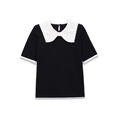 Top de punto de manga corta con cuello Peter Pan blanco y lazo en color negro - S / Patchwork Blanco y Negro