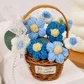 Handmade crochet flower basket with blue and white knitted puffs and lace bow decoration - 9 Blue Puff Flowers Basket