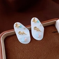 Detail of bamboo shell earrings with golden butterfly and rose motifs in a jewelry box - Butterfly Rose Pattern / White (18# Gold Plated Silver Earring Post)