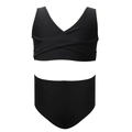 Two-piece black girls' bikini set featuring V-neck top and high-waisted bottoms - 104 / Black