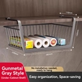 Gunmetal retractable under-cabinet storage basket with metal wire mesh and hooks - Fixed Extra Large / Gunmetal