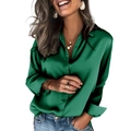 Women's emerald green satin long sleeve button-up shirt with a silky lustrous finish - S / Green