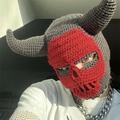Handmade crochet devil horn balaclava in grey and red knit skull mask style - Adult 56-59cm / Black Horn Hat With Red Skull