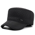 Quilted black military flat top hat with diamond pattern for men's winter warmth - Black / Adjustable