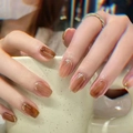 Uñas postizas cortas cuadradas ámbar marmoleado con elegantes bordes dorados - Marmolado Ámbar Borde Dorado Estilo Pegamento (Y-293)