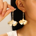 Golden ginkgo leaf dangle earrings worn by model showing elegant draping and size - Ginkgo Leaf Pendant Style (7135) / Gold