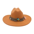 Chapeau plat bohème en feutre jaune chameau avec perle turquoise et pompons ethniques - Taille unique / Chameau