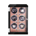 6-slot automatic watch winder box with black finish and rose gold interior - 6 Slots / Black Lacquer & Brown PU