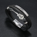 Detail of multi-layer leather bracelet with guitar charm and magnetic metal buckle - Dark Gray