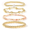 Summer gold bead and pink crystal multi-layer bracelet set with cross charm detail - Pink Orange Gold 4-Piece Set