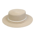 Flat top beige straw hat featuring elegant double faux pearl and gold metal chain band - Artificial Pearl Gold Chain Style (299I)