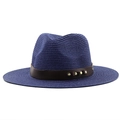 Chapeau de soleil pliable bleu marine en paille pliable avec ruban en cuir et rivets en laiton - Bleu marine