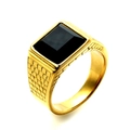 Men's gold plated stainless steel ring with rectangle black gemstone and textured side - US 7 / Gold Black