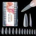 Size chart showing 12 sizes of extra long coffin nail tips with dimensions and 240pcs set - 240 Count / Extra Long Stiletto
