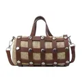 Beige woven barrel bag with brown studded leather straps and silver rivets - Brown