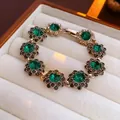 Vintage green crystal flower bracelet in gold finish with luxury pavé diamond accents - Vintage Flower Bracelet - Green