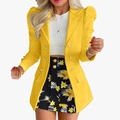 Tailleur jaune vif avec manches bouffantes et jupe florale coupe ajustée pour femme - S / Haut Et Bas / Jaune