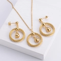 Golden titanium steel jewelry set with twisted rope rings and smooth teardrop pendants - 3-Piece Set (Necklace + Earrings)