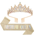Detailansicht des goldenen Birthday Queen Schärpen- und Strass-Tiara-Sets für Partys - Holografisches Gold (Queen)