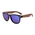 Classic oval sunglasses with purple mirrored lenses and dark wood grain temples - Walnut Wood Temple Polarized Blue Mirror Lens