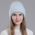 Light blue knit rabbit fur beanie for women with fuzzy texture and warm ear protection - Light Blue