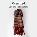 Oversized striped knit scarf in multi-color earth tones with long fringe decor - Retro Wide Stripe Maple Caramel
